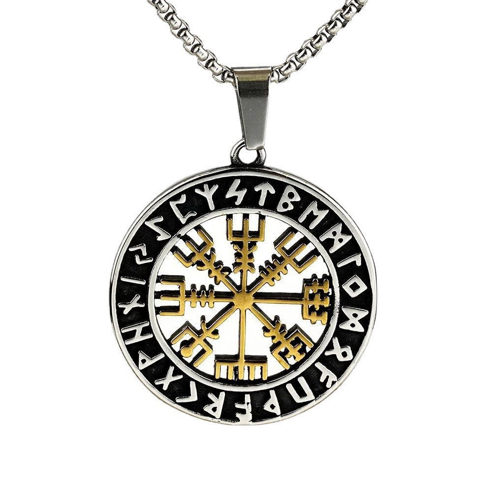Vintage Men's Titanium Steel Viking Compass Pendant Necklace