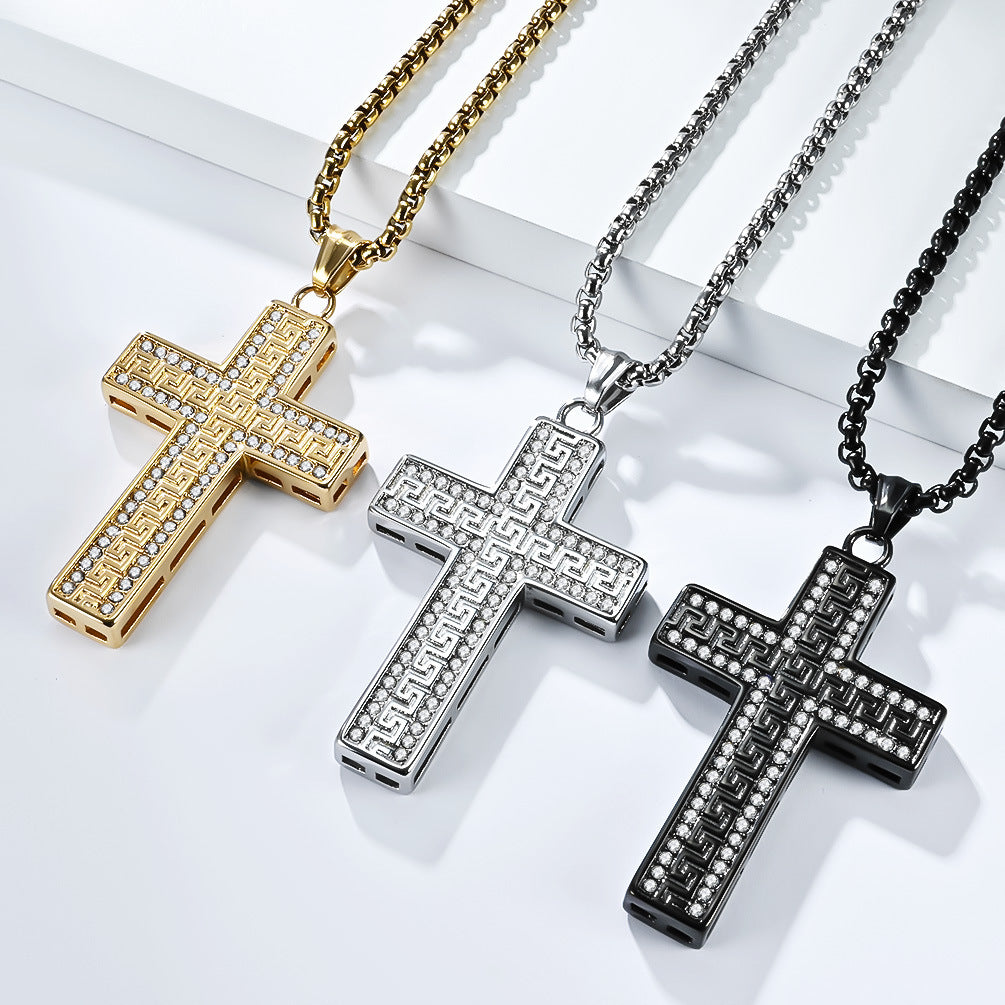 Planderful Cross Necklace For Men With Full Zircon European American Great Wall Pattern Hip Hop Pendant