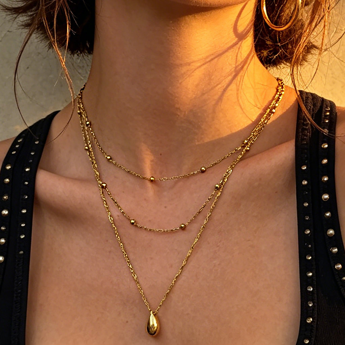 Stainless Steel Thin Cha Stacked With Water Drop Pendants Collarbone Cha Wind Necklace