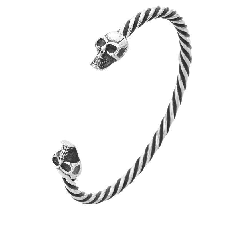 Skull C-Shaped Bracelet – Viking Wolf Head Twist Twist Leather Rope Stainless Steel Men's