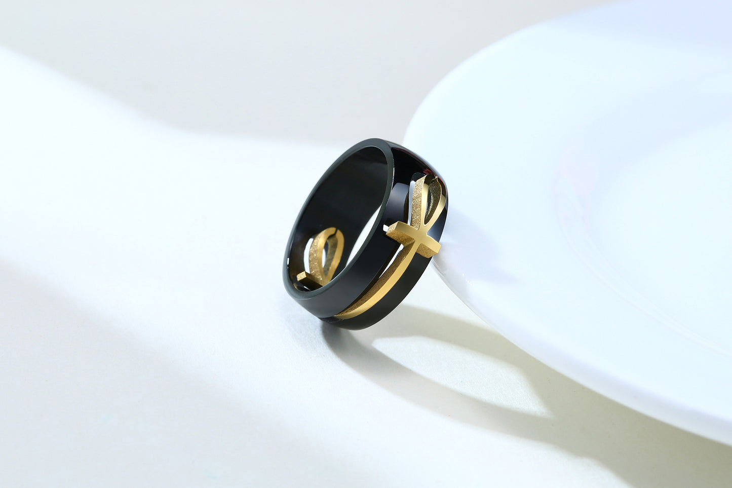 Stainless Steel Black Gold Men's Ring Cross Anka Jewelry