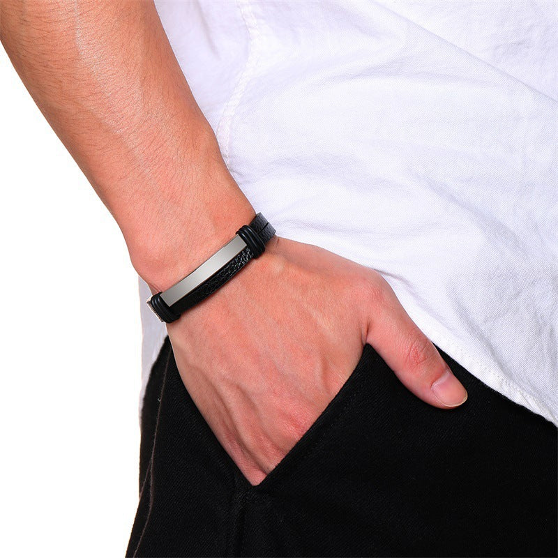 AliExpress Amazon Hot-Selling Black Stainless Steel Men's Bracelet Double Leather Bracelet Spot for Men