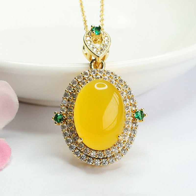 Double Halo Red Agate Zircon Golden Pendant with Oval Ice Chalcedony