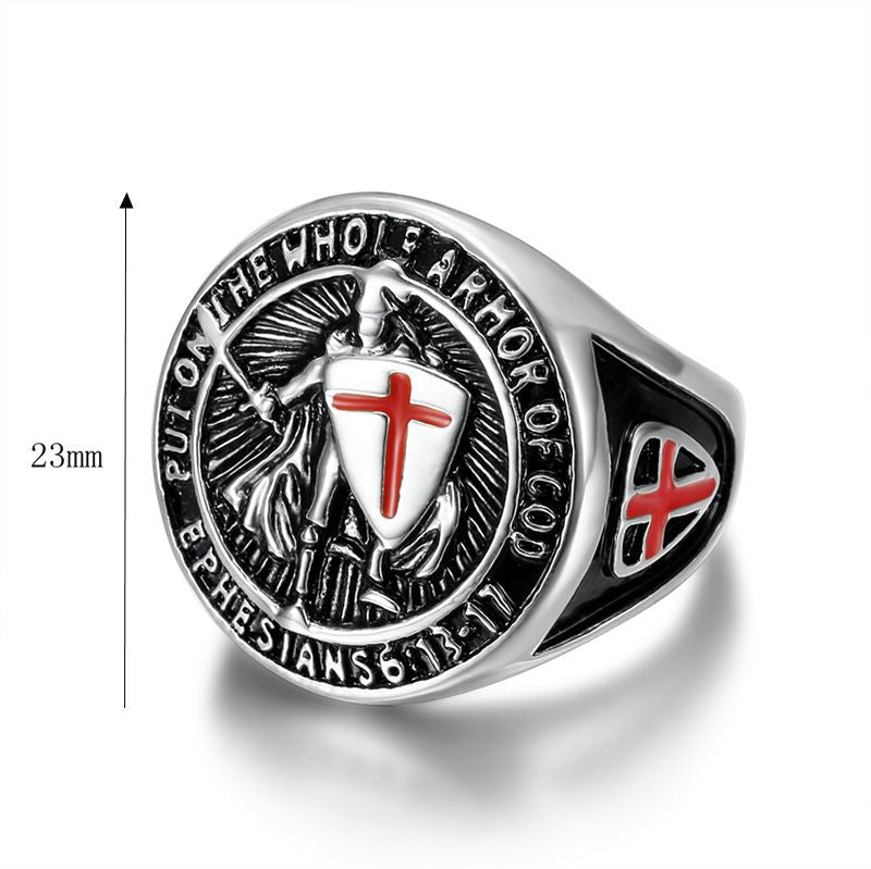 Planderful Everyday Genie Titanium Steel Gold Plated Ring Red Cross Shield For Men Hip Hop Style