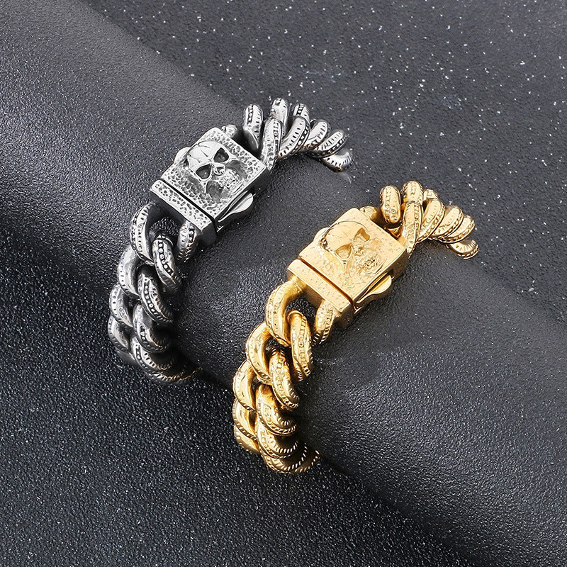 Planderful Dark Titanium Skull Bracelet Square Buckle Men