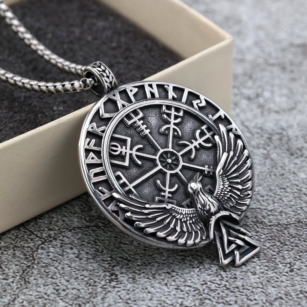 Planderful Viking Rune Compass Pendant Unisex Necklace Double Sided Retro Stainless Steel