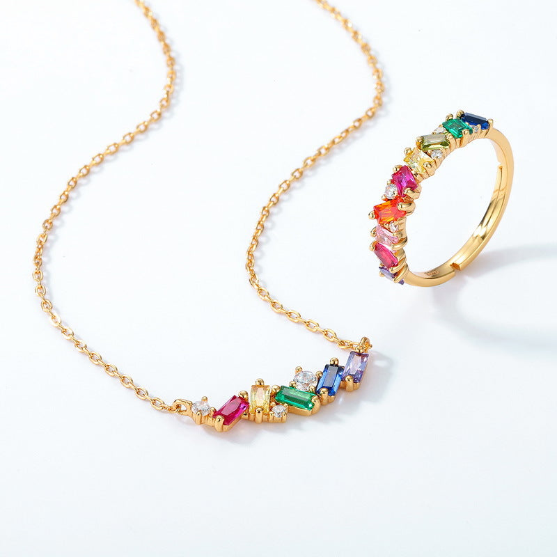 Rainbow Rectangle Zircon Silver Necklace