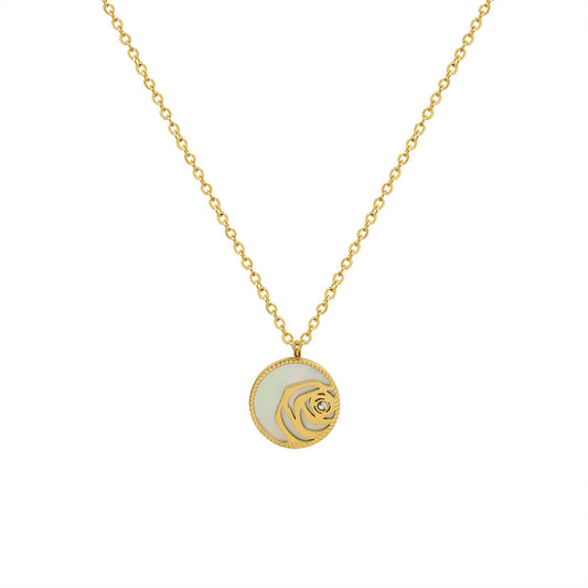 French Retro Rose Shell Zircon Pendant Necklace - 18K Gold-Plated Titanium Steel Jewelry