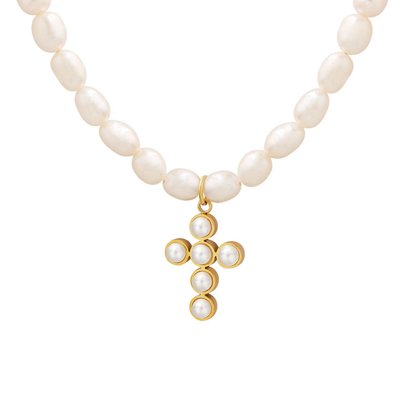 Elegant Pearl Cross Pendant Necklace with Freshwater Pearls