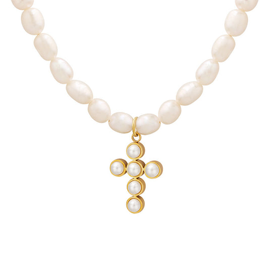 Elegant Pearl Cross Pendant Necklace with Freshwater Pearls