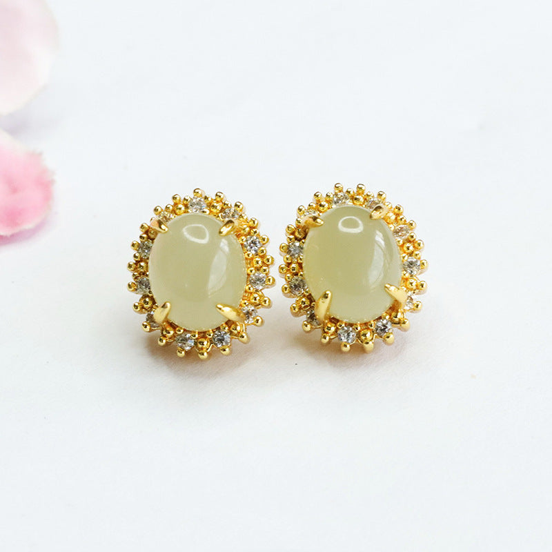 Natural Hotan Jade Oval Earrings for Women