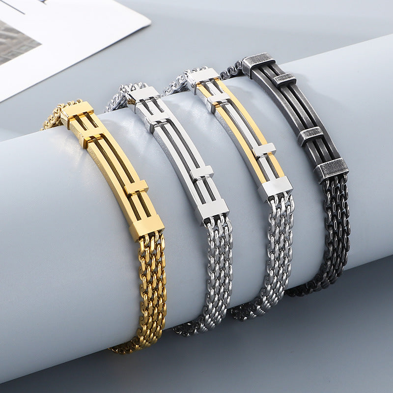 Design Mesh Chain Men's Geometric Lines Stainless Steel Adjustable Bracelet