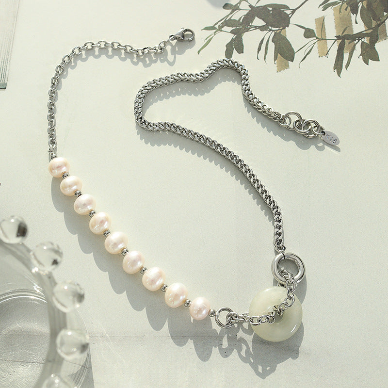 Ethnic Fusion Freshwater Pearl and Jade Pendant Necklace with Titanium Steel Chain