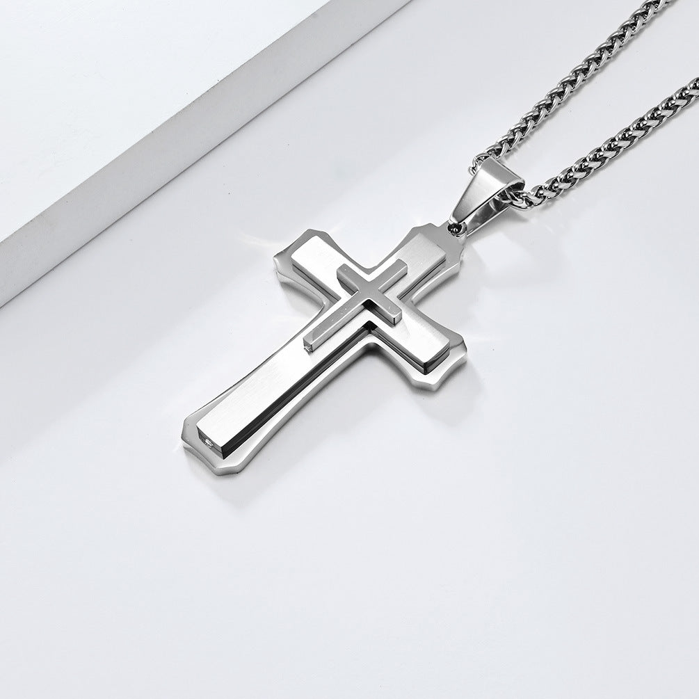 Three-Layer Titanium Steel Cross Pendant Necklace for Men