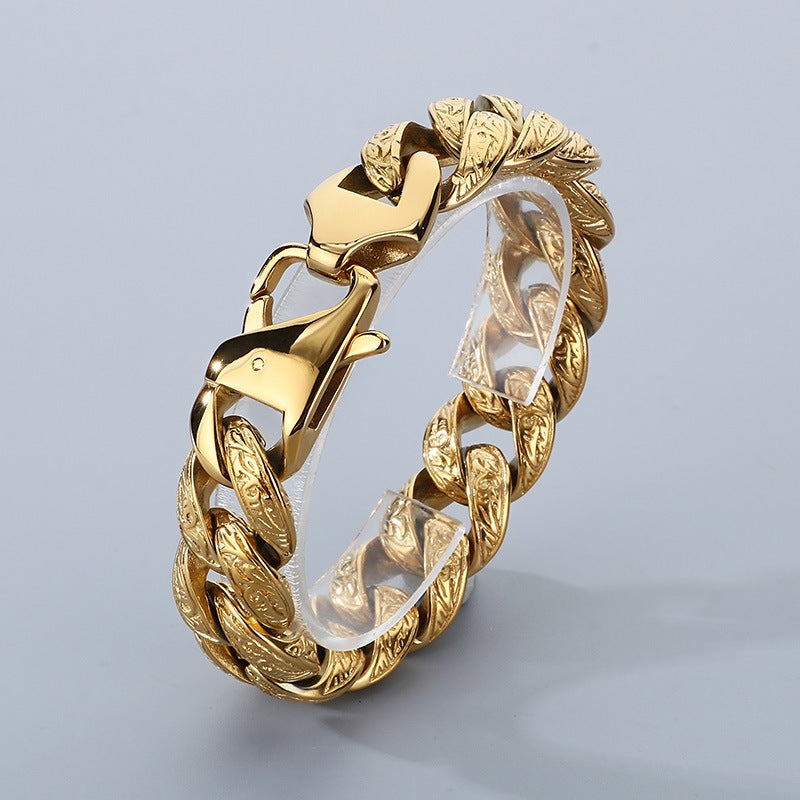 Personalized Tang Grass Pattern Stainless Steel Cuban Chain Bracelet for Men