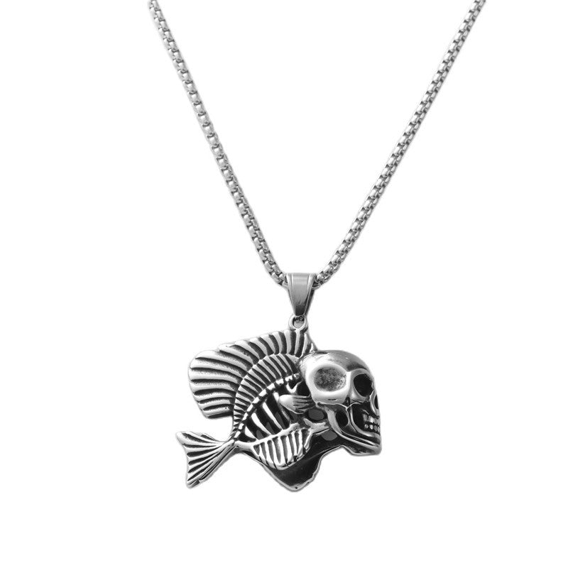 Trendy Titanium Steel Skull Fish Pendant Necklace for Men and Women