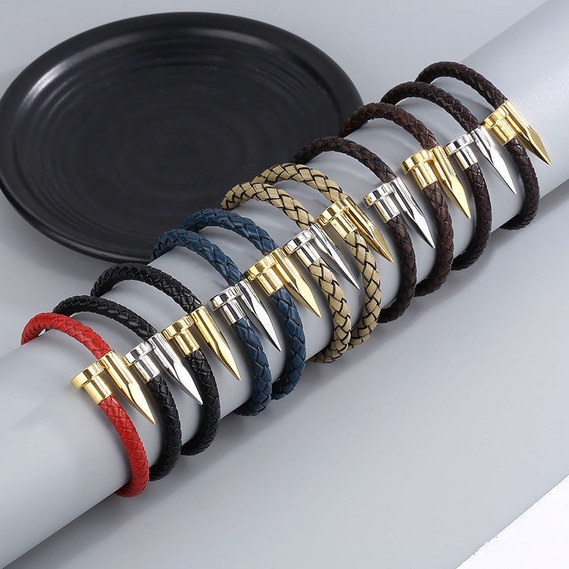 Cowhide Woven Stainless Steel Nail Bracelet – Men's Magnetic Buckle Leather Bracelet