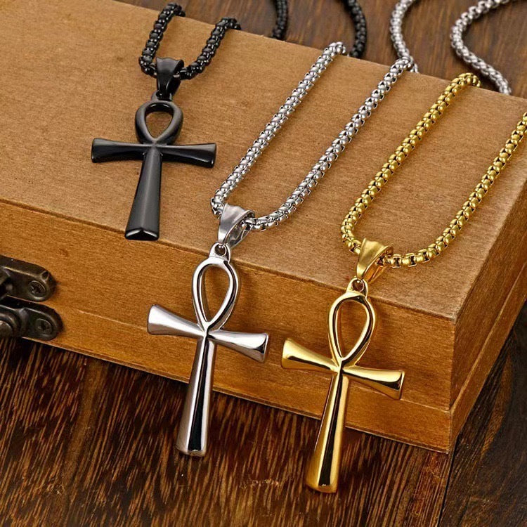 Planderful Everyday Genie Ancient Egyptian Cross Pendant Necklace Unisex Glossy Titanium Steel Jewelry