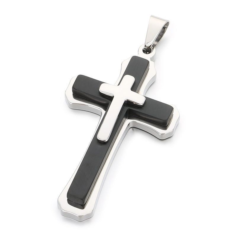 Style Three-Layer Three-Dimensional Cross Pendant, Titanium Steel Black Steel Contrasting Color Necklace, Men's