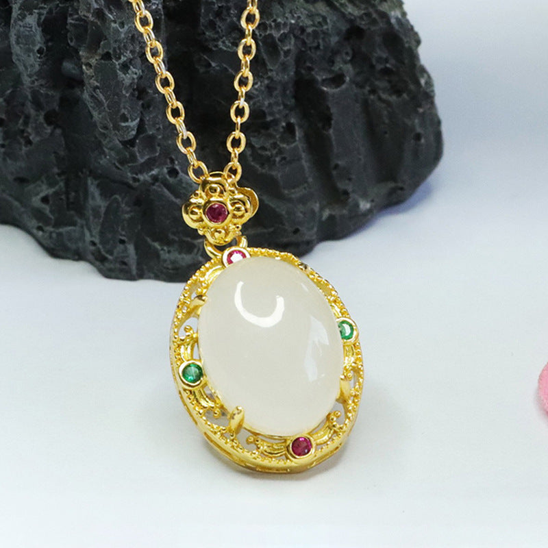 Elegant Natural Hetian Jade and Zircon Clover Necklace with Oval Pendant