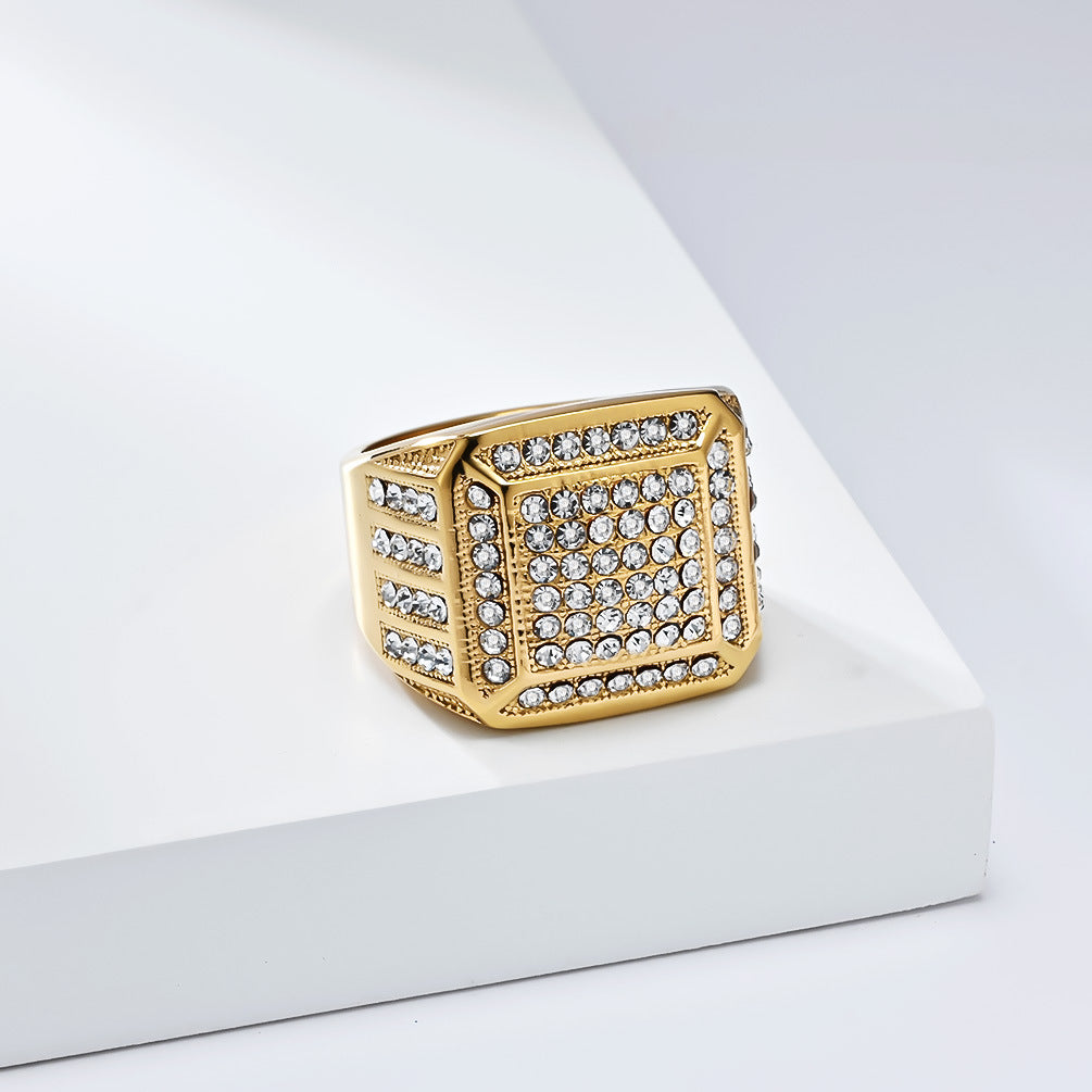 Planderful Everyday Genie Luxe Gold Plated Titanium Steel Ring With Zircon Inlay For Unisex Hip Hop Fashion Size 7 To 13