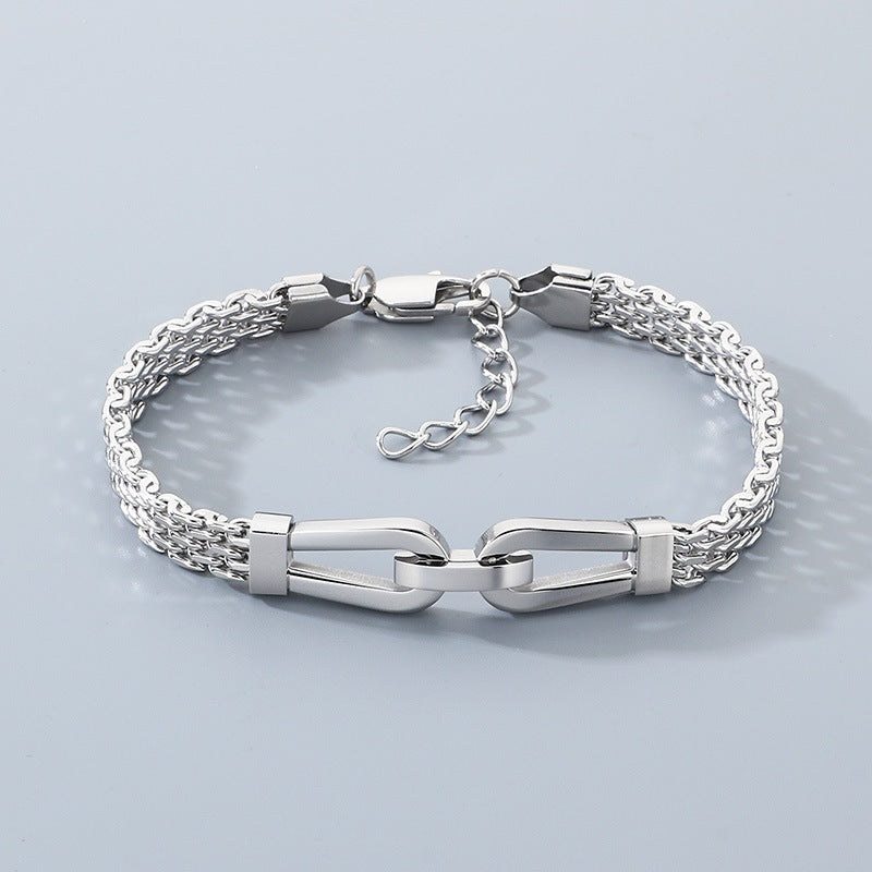 Style Hollow Woven Chain Design Horseshoe Buckle Titanium Steel Men's Bracelet
