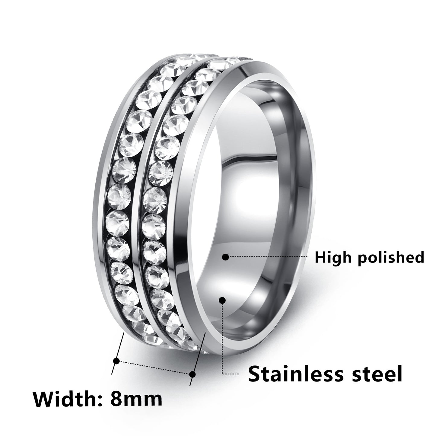 Planderful Premium Titanium Steel Zircon Ring Everyday Genie Double Row Unisex Jewelry