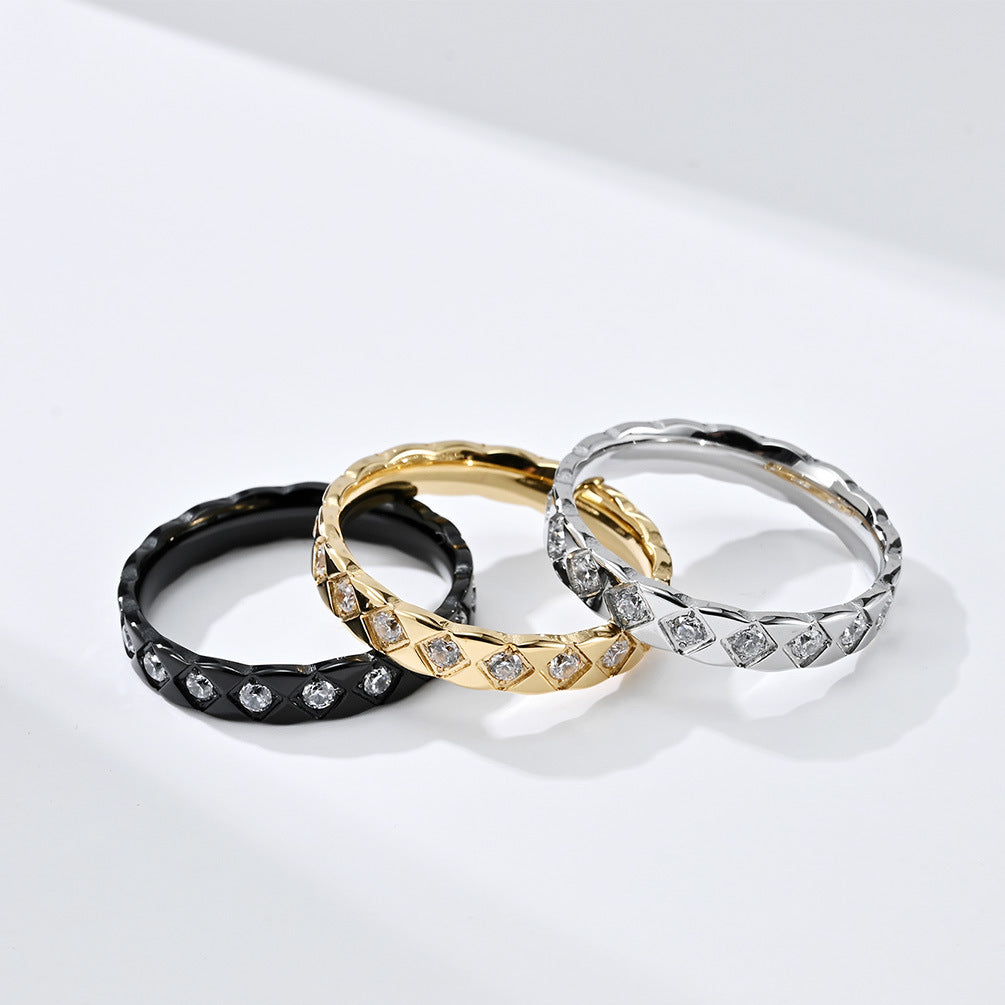 Steel Ring - Elegant Zircon Rhombus Engraving