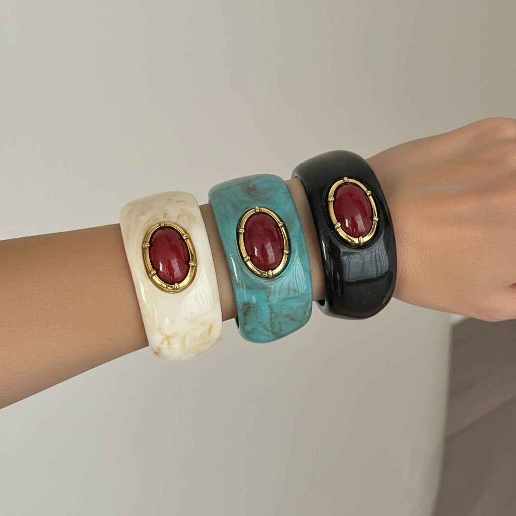Planderful Bohemian Turquoise Resin Wide Bracelet Microinlaid Irregular Inlay Vienna Verve Statement Jewelry For Women