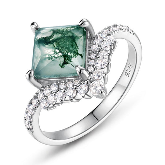 Planderful Jewelry Geometric Princess Square Agate Ring In Sterling Silver With Zircon Accents