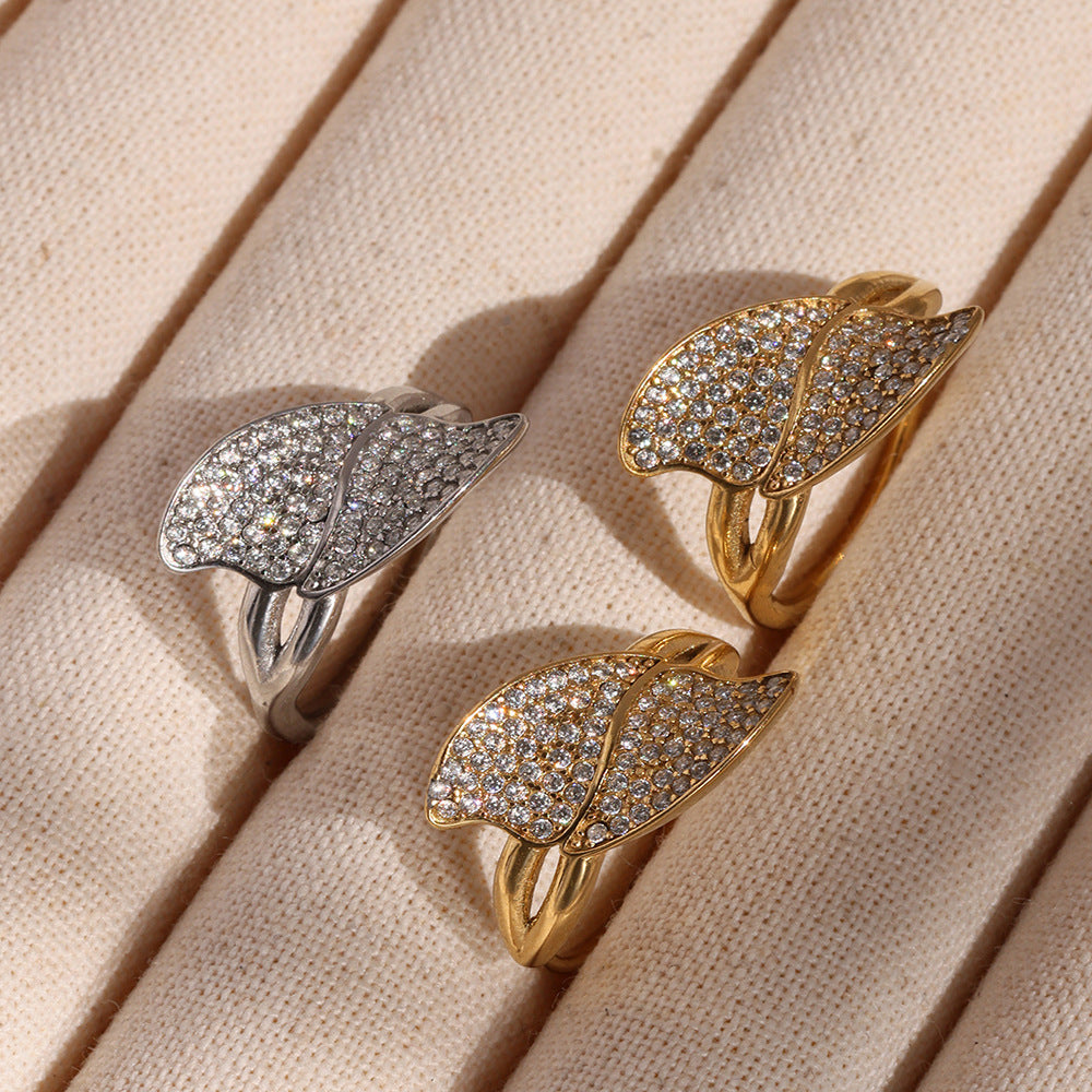 Planderful Zircon Side Opening Leaf Ring Non Fading Womens