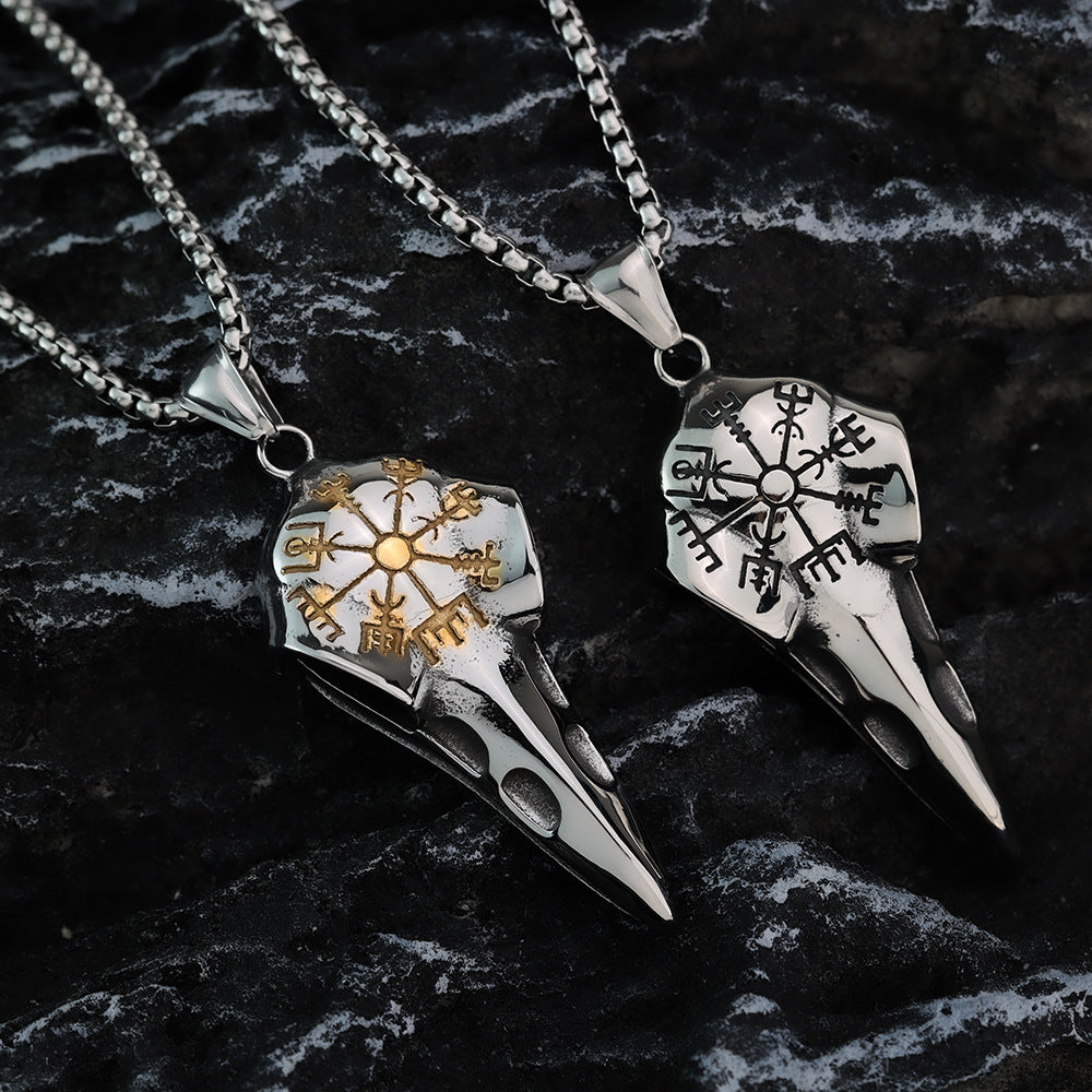 Vintage Stainless Steel Men's Pendant Viking Crow Compass Necklace