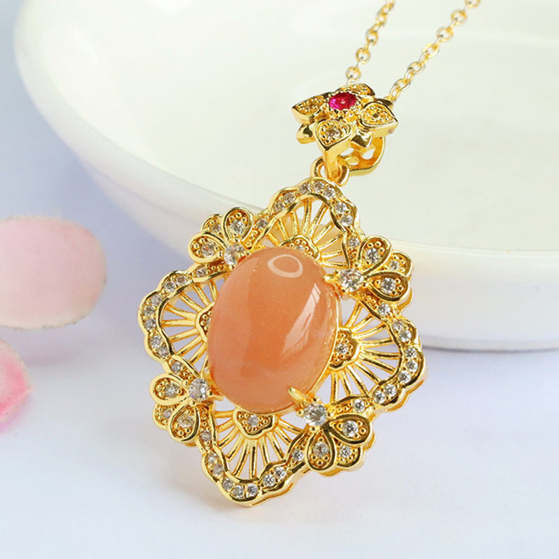 Orange Moonstone Openwork Leaf Pendant — No Chain