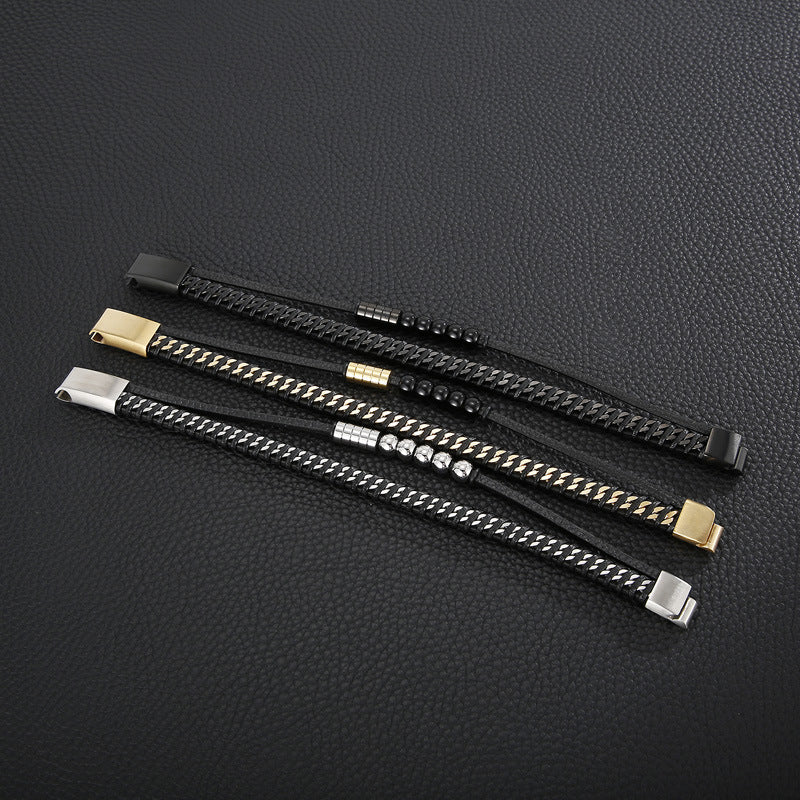 Planderful Men Punk Bracelet Magnetic Buckle Leather Rope