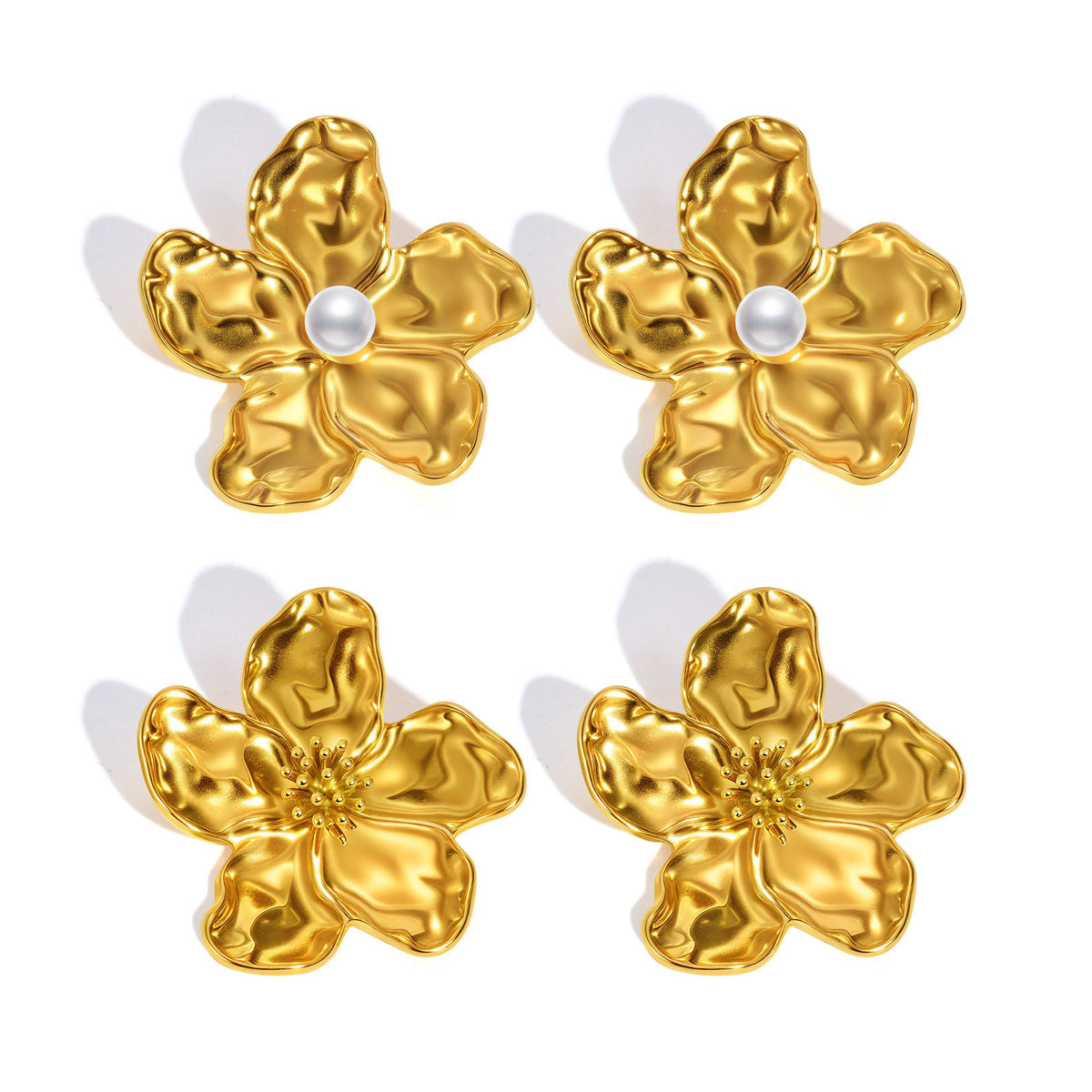 Gold Pearl Flower Statement Stud Earrings