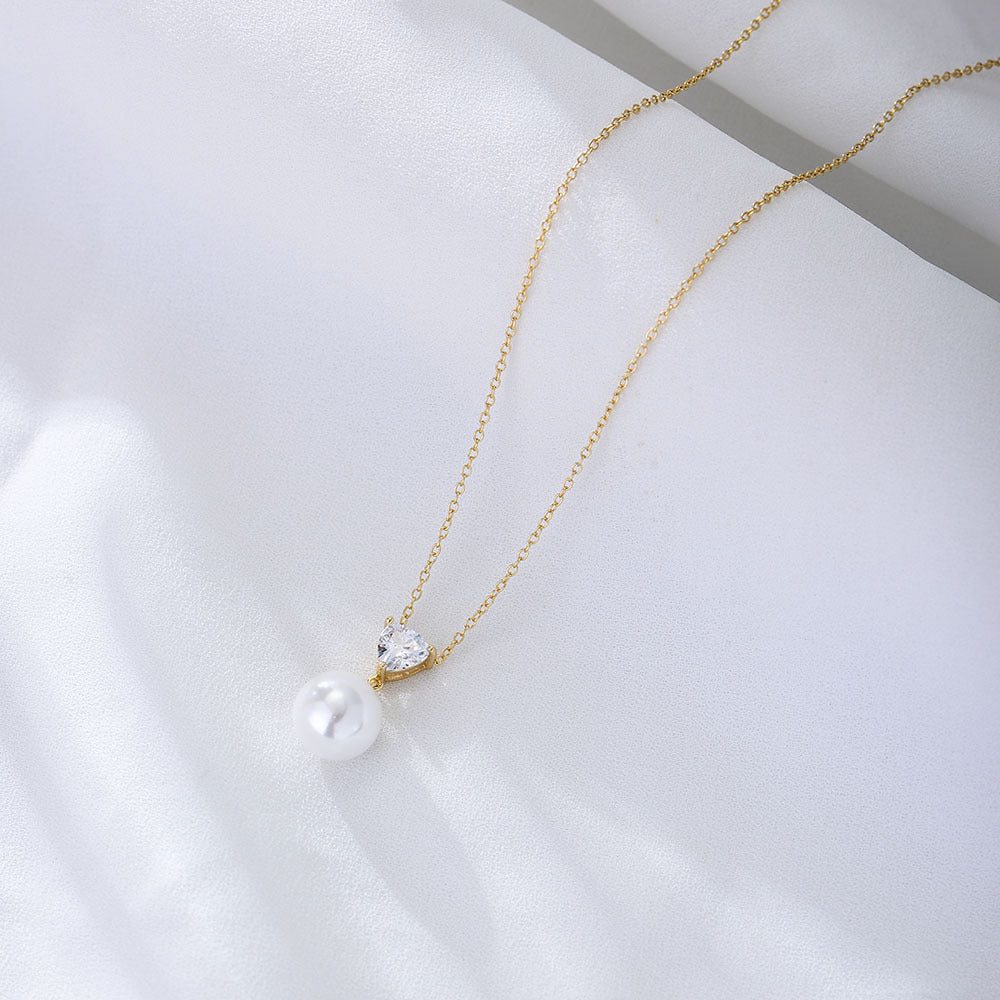 S925 Sterling Silver Heart-Shaped Zircon Pearl Necklace Sense