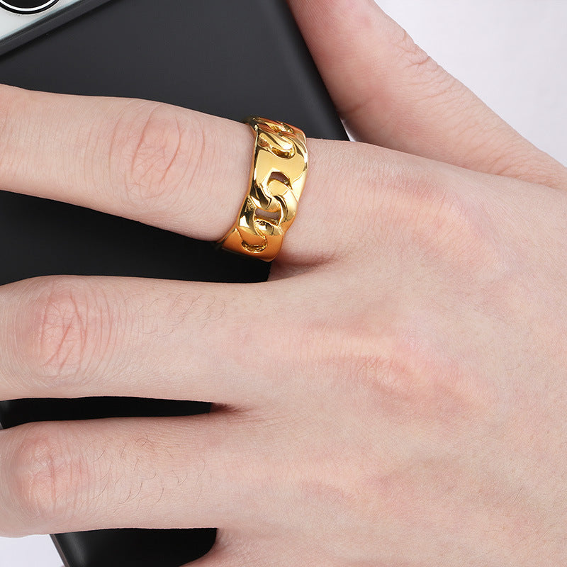 Planderful Mens Hollow Ring 18K Gold Titanium Cuban Chain