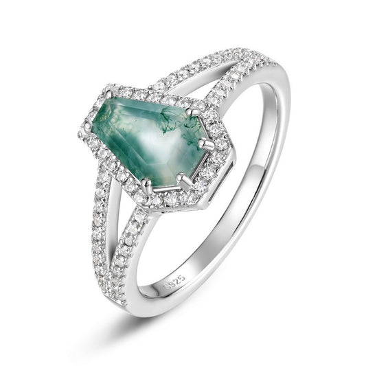 S925 Sterling Silver Moss Agate Shield Ring