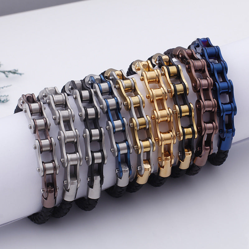 Cool Men's Stainless Steel Bicycle Chain Leather Bracelet – Locomotive Chain Cowhide