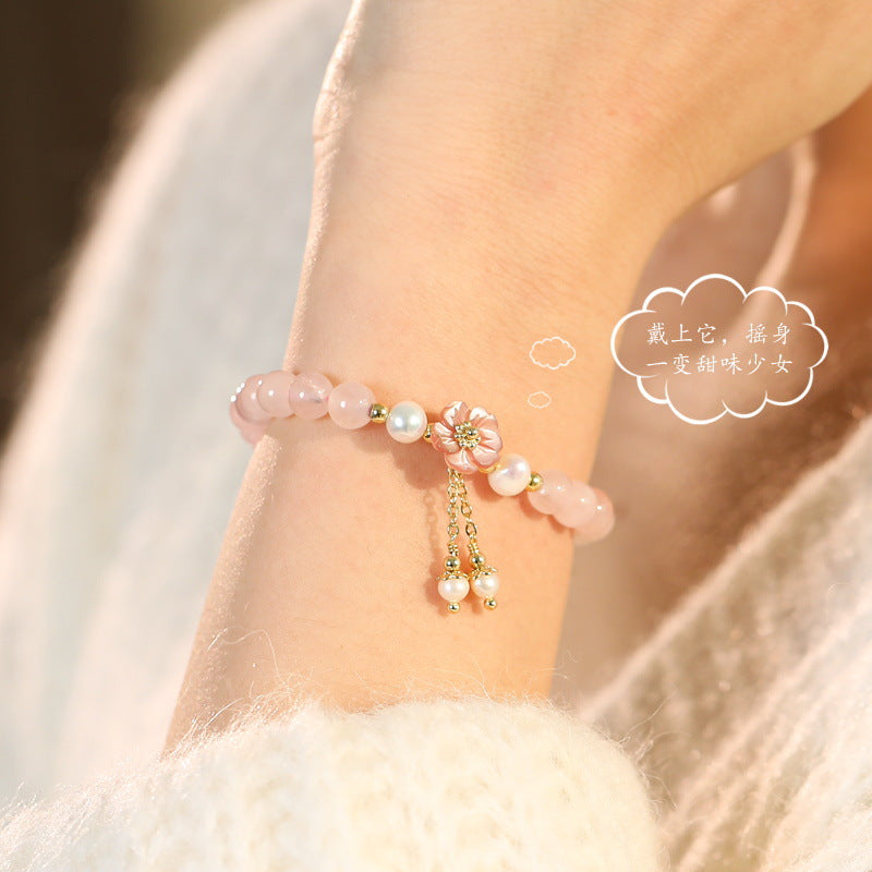 Natural Pink Crystal and Peach Blossom Pearl Best Friend Bracelet