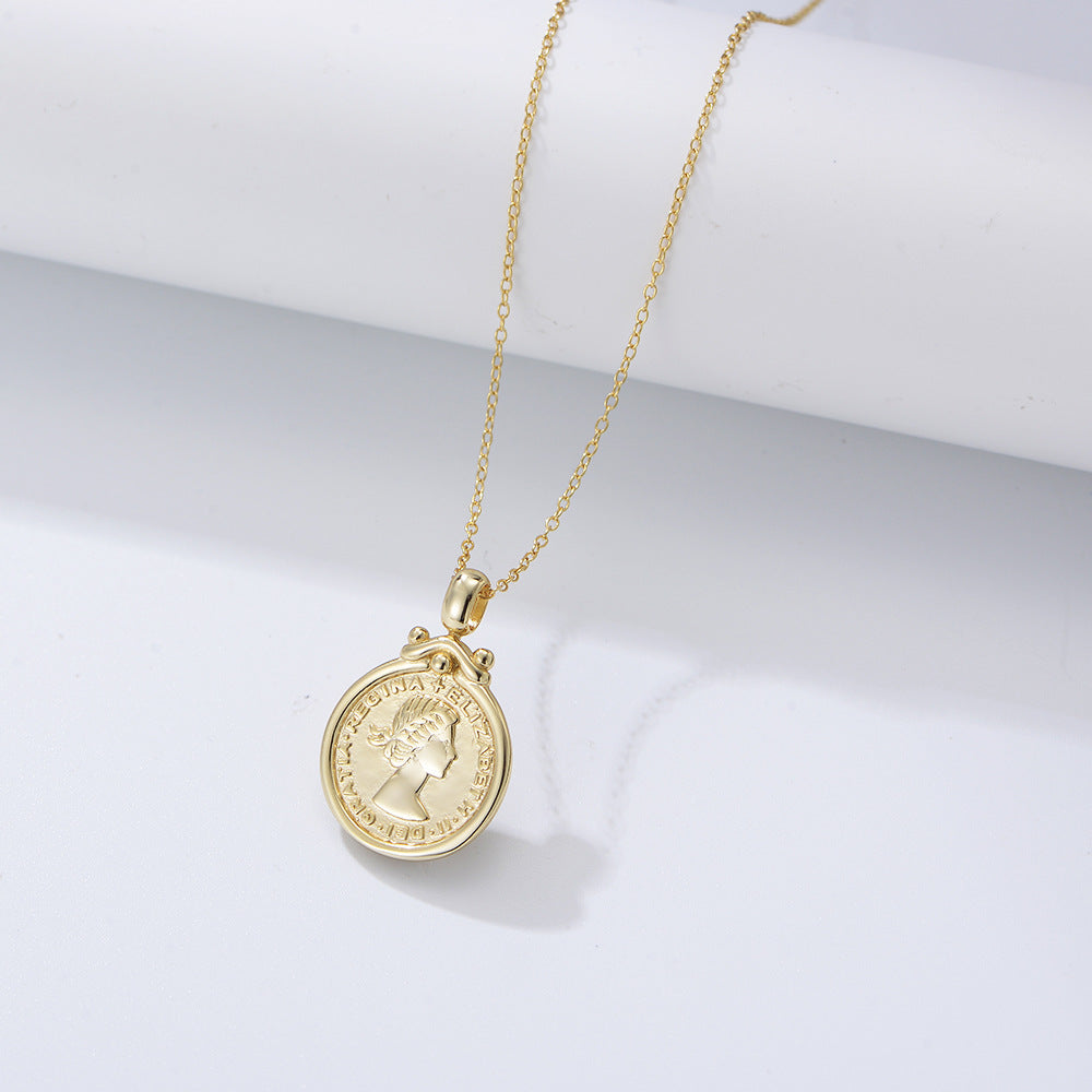 S925 Sterling Silver Elizabeth Portrait Coin Relief Necklace, Style Pendant