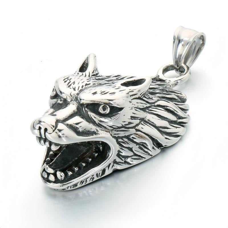Nordic Mythological Beast Inlaid Red-Eye Wolf Head Stainless Steel Men's Pendant Retro Wolf Necklace