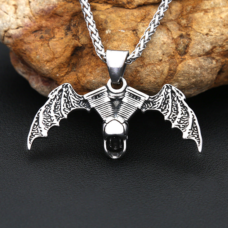 Gothic Skull Bat Stainless Steel Pendant Necklace
