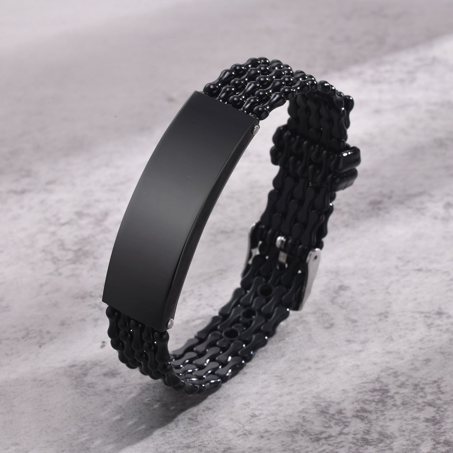Jewelry Stainless Steel Curved Brand Black PVC Strap Bracelet Universal for Men and Women