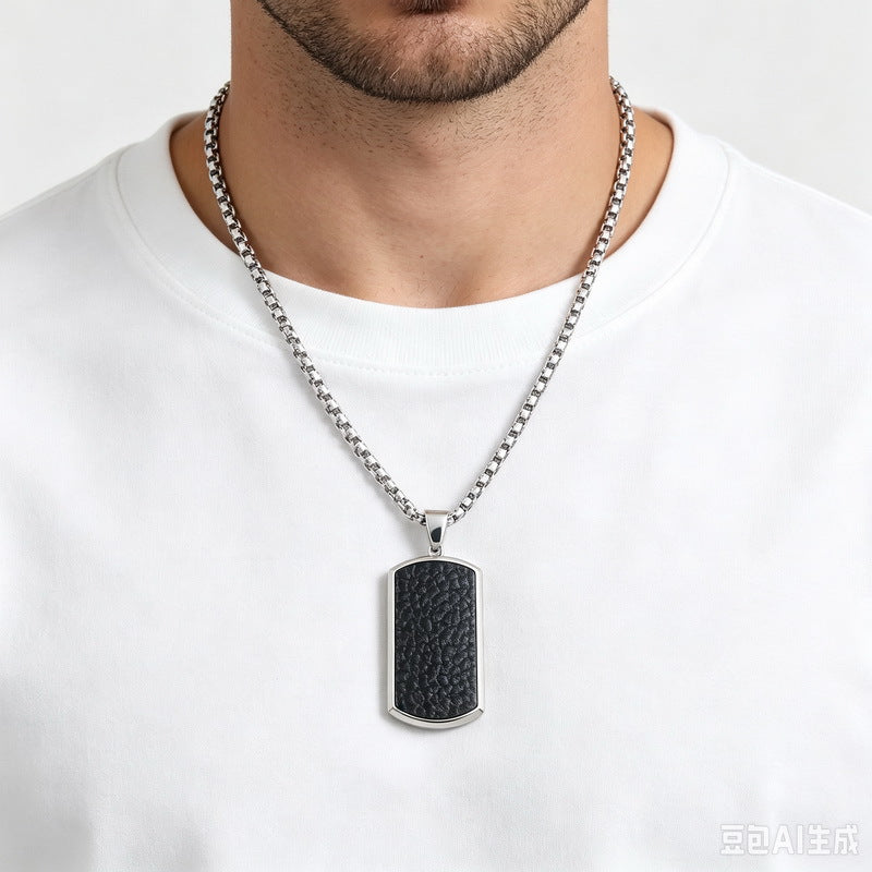 Leather Military Brand Pendant Retro Tag Back Stainless Steel Men's Pendant Necklace