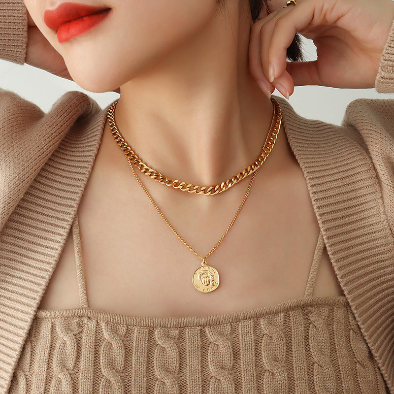 Gold-Plated Double-Layer Portrait Necklace with Trendy Design for Women