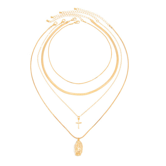 Portrait & Cross Layered Chain Necklace Set