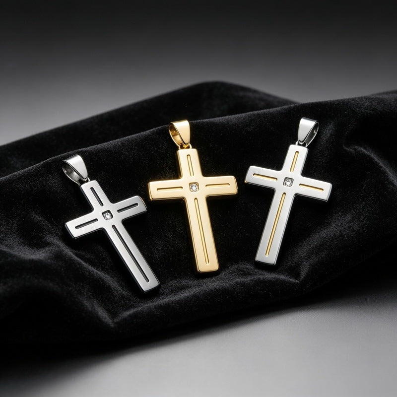 Popular Slotted Line Zircon Cross Titanium Steel Pendant Retro Contrasting Color Stainless Steel Necklace