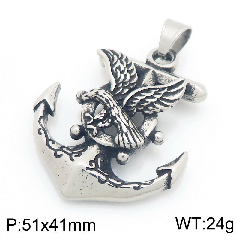 Dark Retro Nautical Rudder Pendant, Punk Retro Cross Skull Head Anchor Titanium Steel Necklace