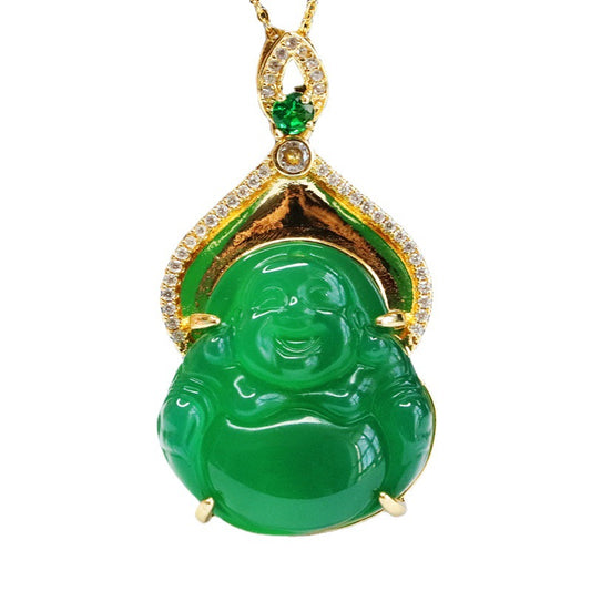 Green Chalcedony Buddha Necklace with Zircon Details
